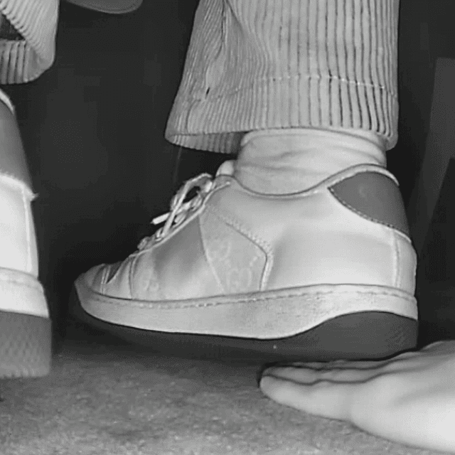Two women in cinema unaware hand trample with Adidas + Gucci sneakers 2